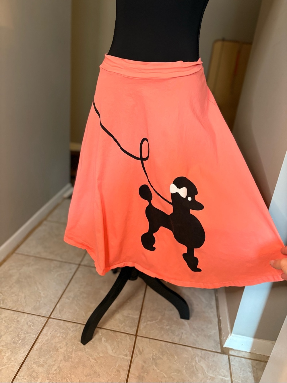 Women's Coral Pink Midi Circle Skirt with Poodle Applique